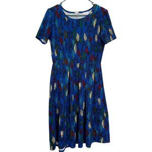 LulaRoe Women’s  Dress Peacock Print Short Sleeve Fit Flare Pockets Midi Sz L